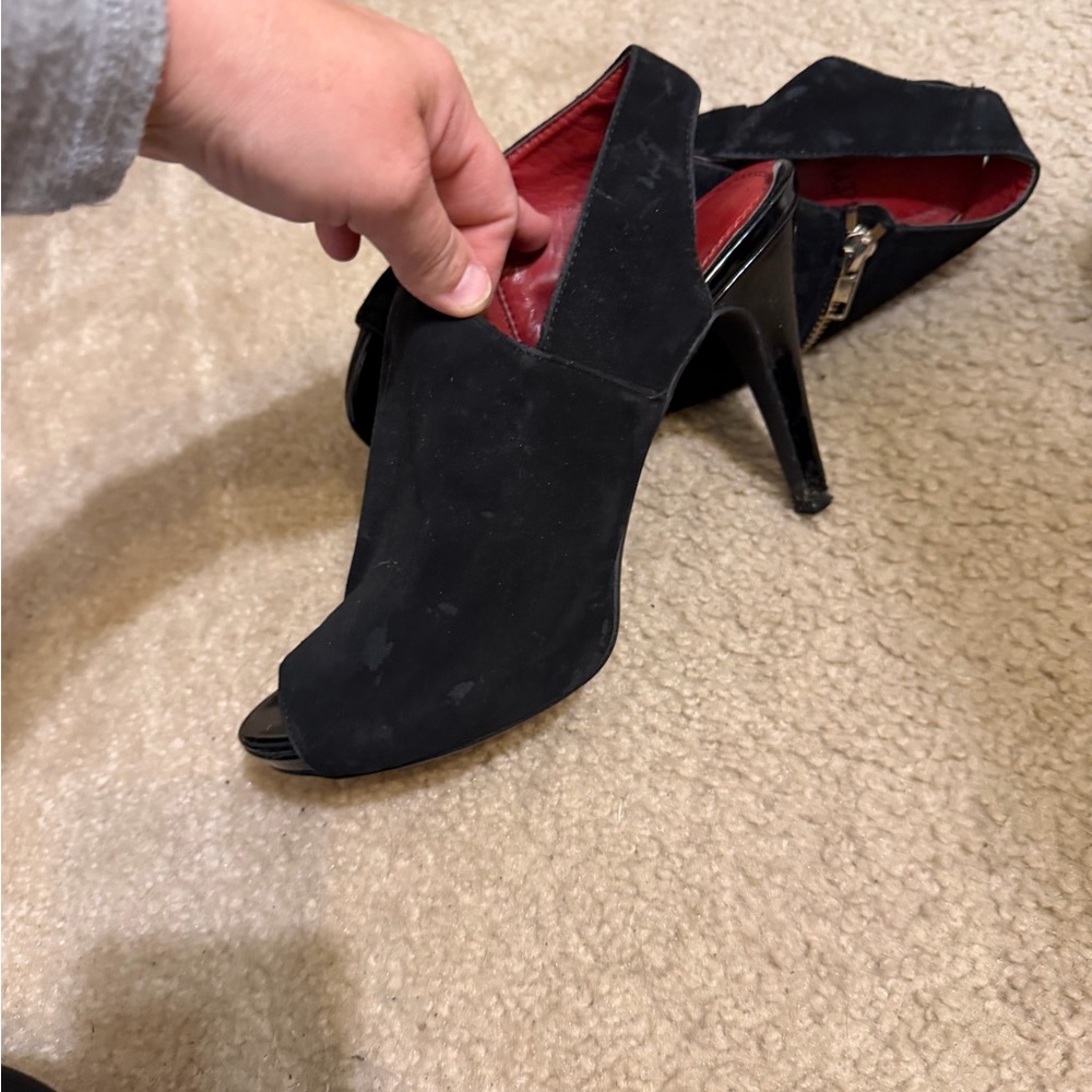 Impo Black Suede Peep-Toe Stiletto Mule with Red Interior